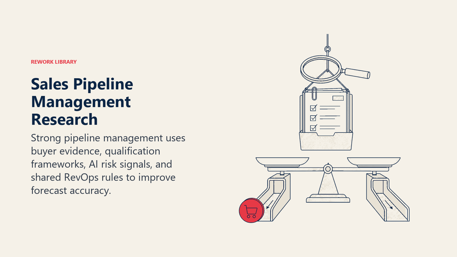 Sales pipeline management research visual with a qualification lens checking buyer evidence before forecast entry