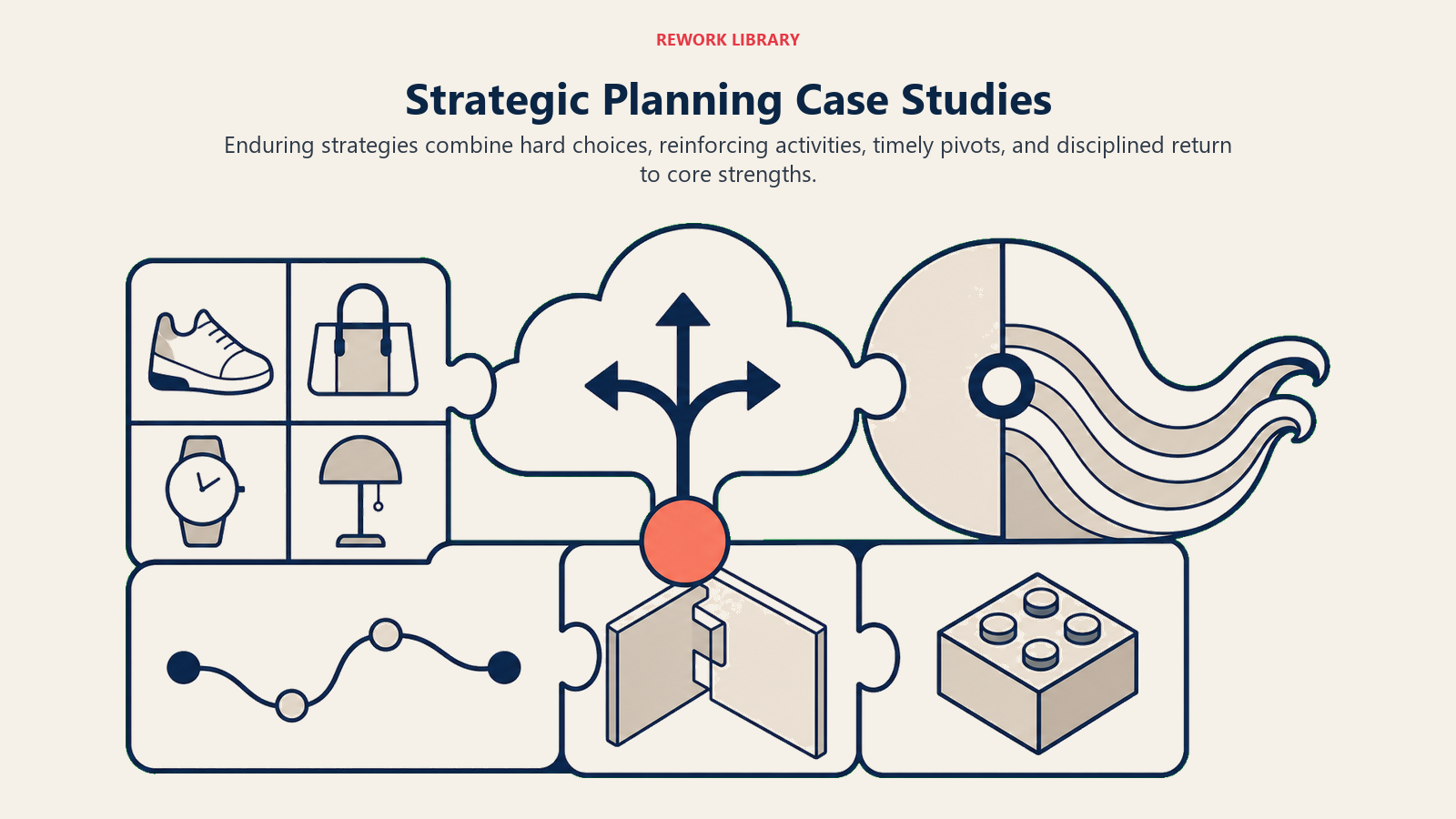 Strategic planning case studies shown as interlocking choices for focus, pivots, coherent activities, and core strengths