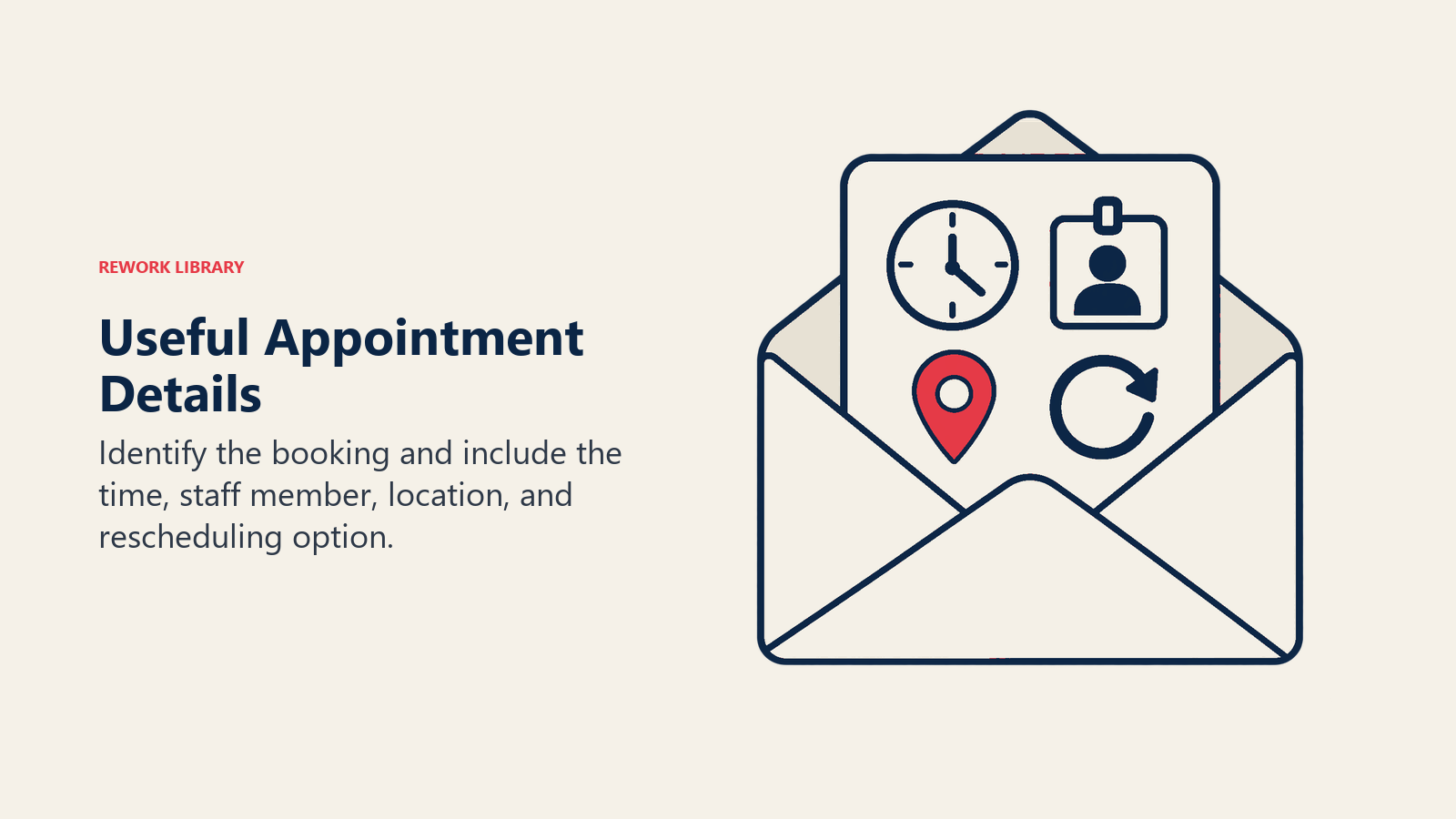 Useful Appointment Details: Identify the booking and include the time, staff member, location, and rescheduling option.