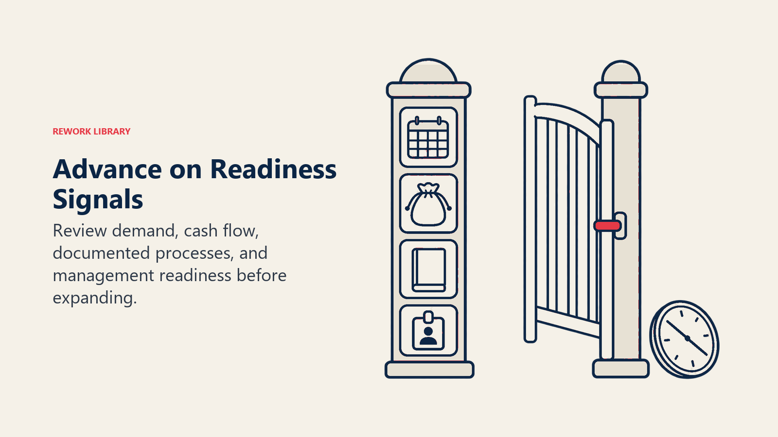 Advance on Readiness Signals: Review demand, cash flow, documented processes, and management readiness before expanding.