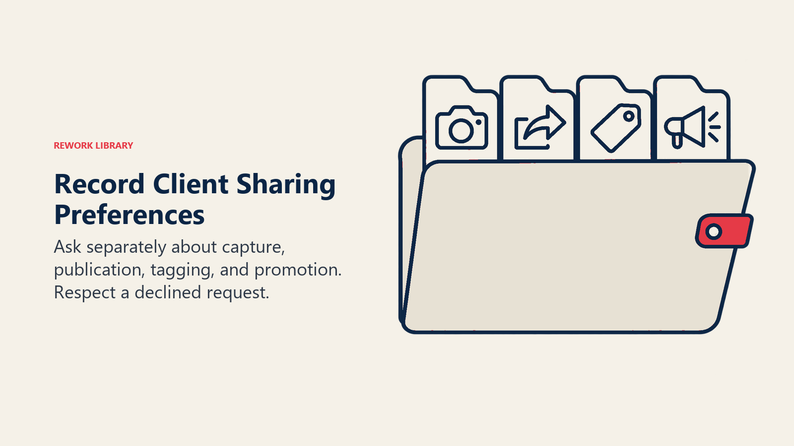 Record Client Sharing Preferences: Ask separately about capture, publication, tagging, and promotion. Respect a declined request.