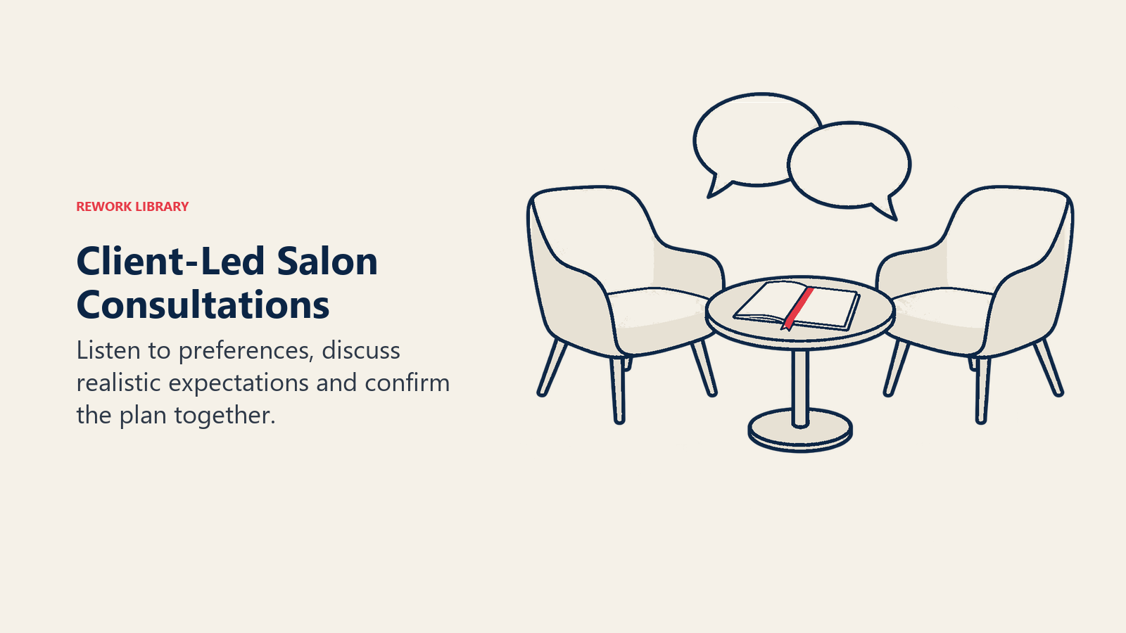 Equal consultation chairs and an open notebook emphasize shared expectations and client choice.