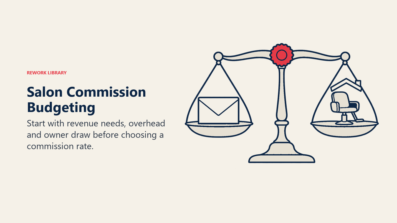A pay envelope and salon operating-cost tokens balance on a budgeting scale.