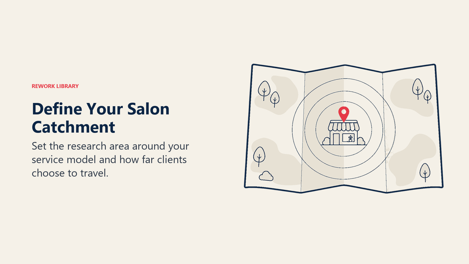 Concentric catchment rings around a salon show business-model-dependent competitive reach.