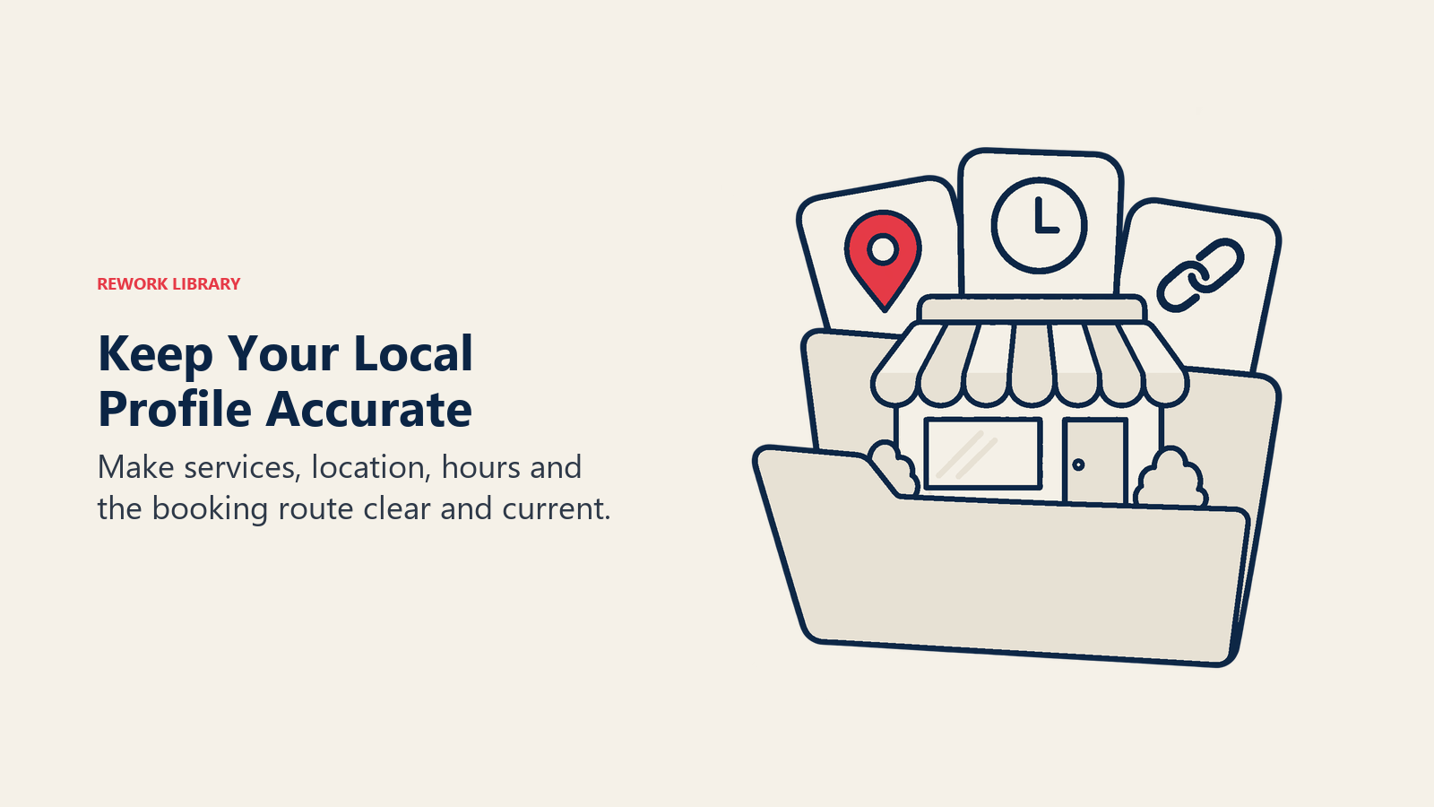 Keep Your Local Profile Accurate illustrated by storefront listing folder.
