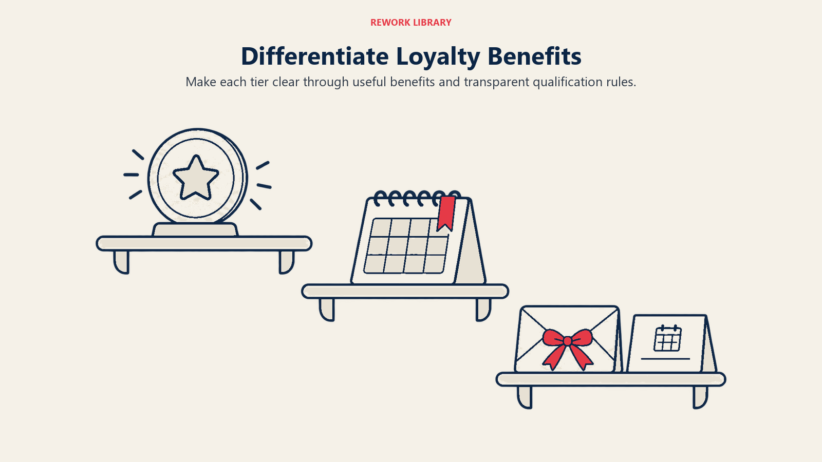 Differentiate Loyalty Benefits illustrated by three benefit shelves.