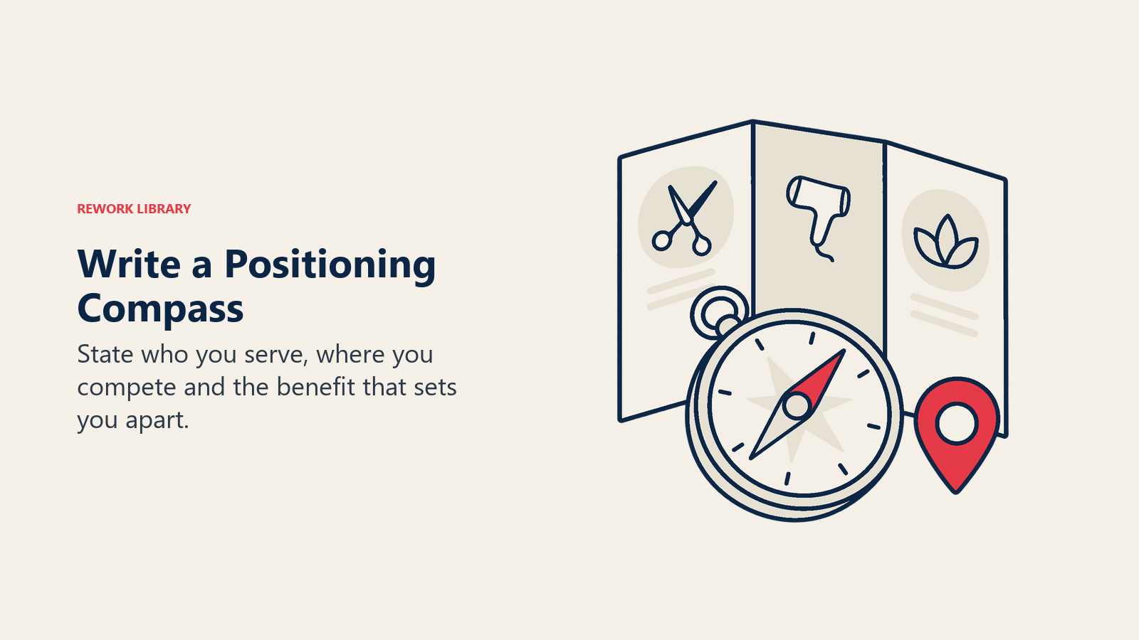 Write a Positioning Compass illustrated by compass over curated salon menu.