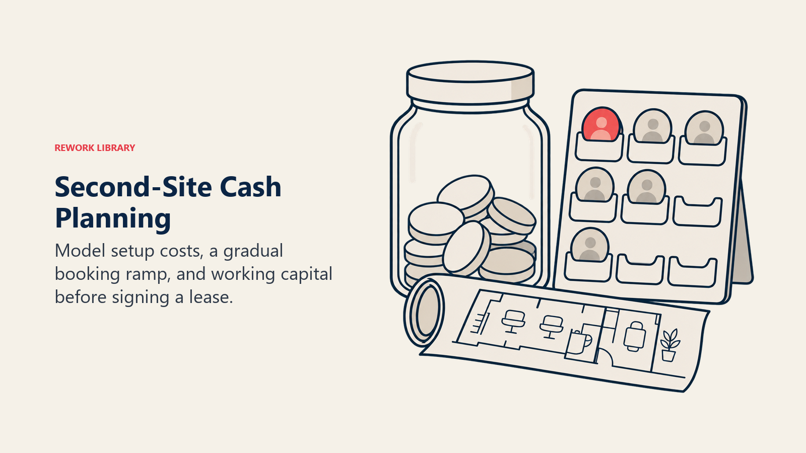 Second-Site Cash Planning: A reserve vessel supplies a partly occupied appointment rack beside a rolled floor plan, making runway tangible without charts predicting success.