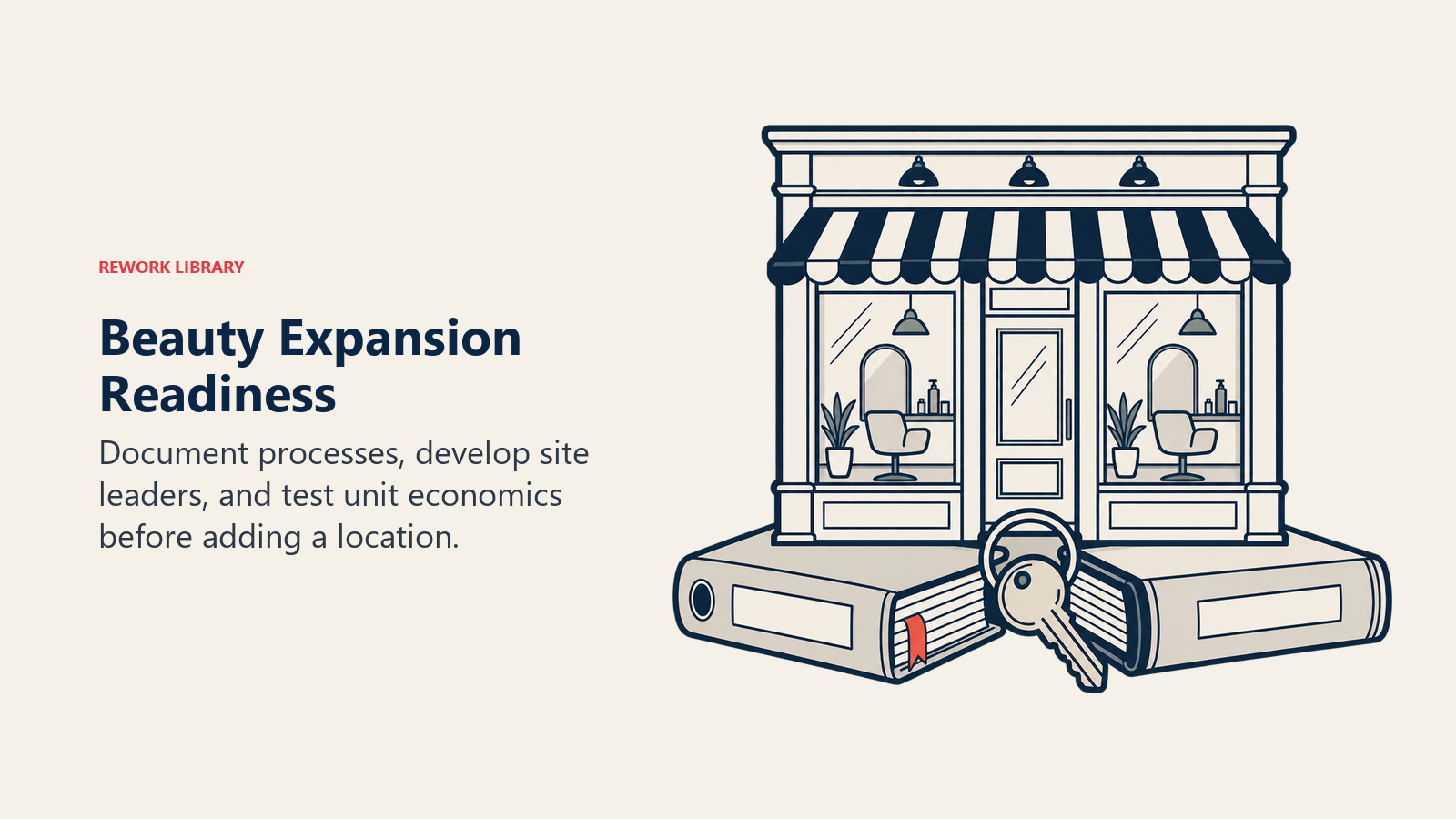 Beauty Expansion Readiness: A small salon storefront rests on three broad foundation volumes, represented by an open operations binder, a simple manager keyring and a balanced ledger. The storefront is stable only because the foundations support it. One coral bookmark on the binder.