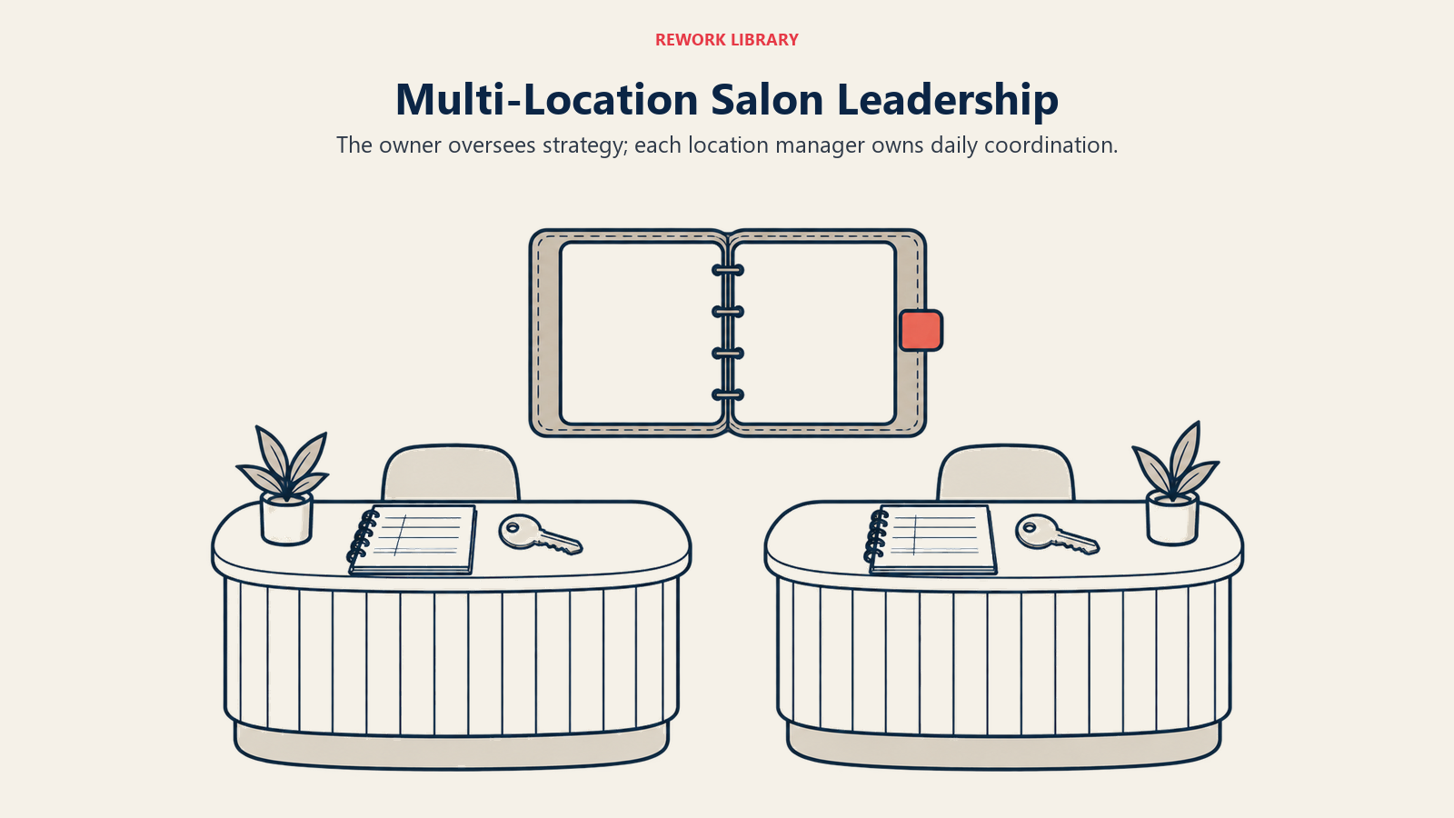 Multi-Location Salon Leadership: Two modest salon reception workstations each have their own manager key and schedule book; an owners overview folio sits above them. The local responsibility is visible without detailed employee faces.
