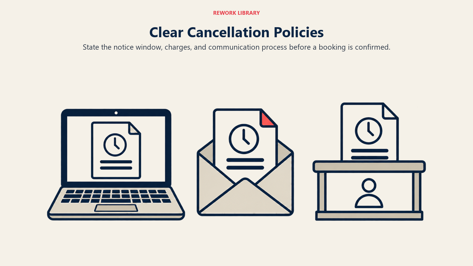Clear Cancellation Policies: One readable-looking but text-free policy sheet travels through booking, confirmation and reception touchpoints, using symbols rather than invented legal text.