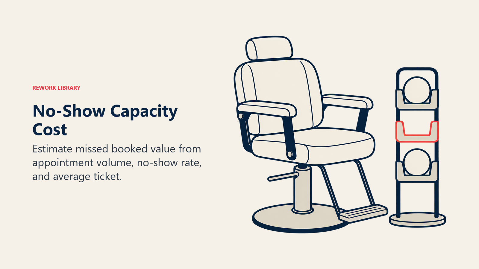 No-Show Capacity Cost: A single empty salon chair sits beside a schedule tile with a clean empty opening, emphasizing unused service capacity rather than blaming a client.