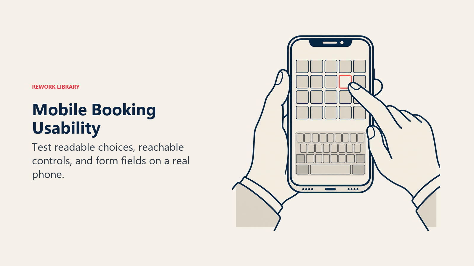 Mobile Booking Usability: A complete phone and simple fingertip show a large calendar choice above the keyboard area, making usable touch space visible.