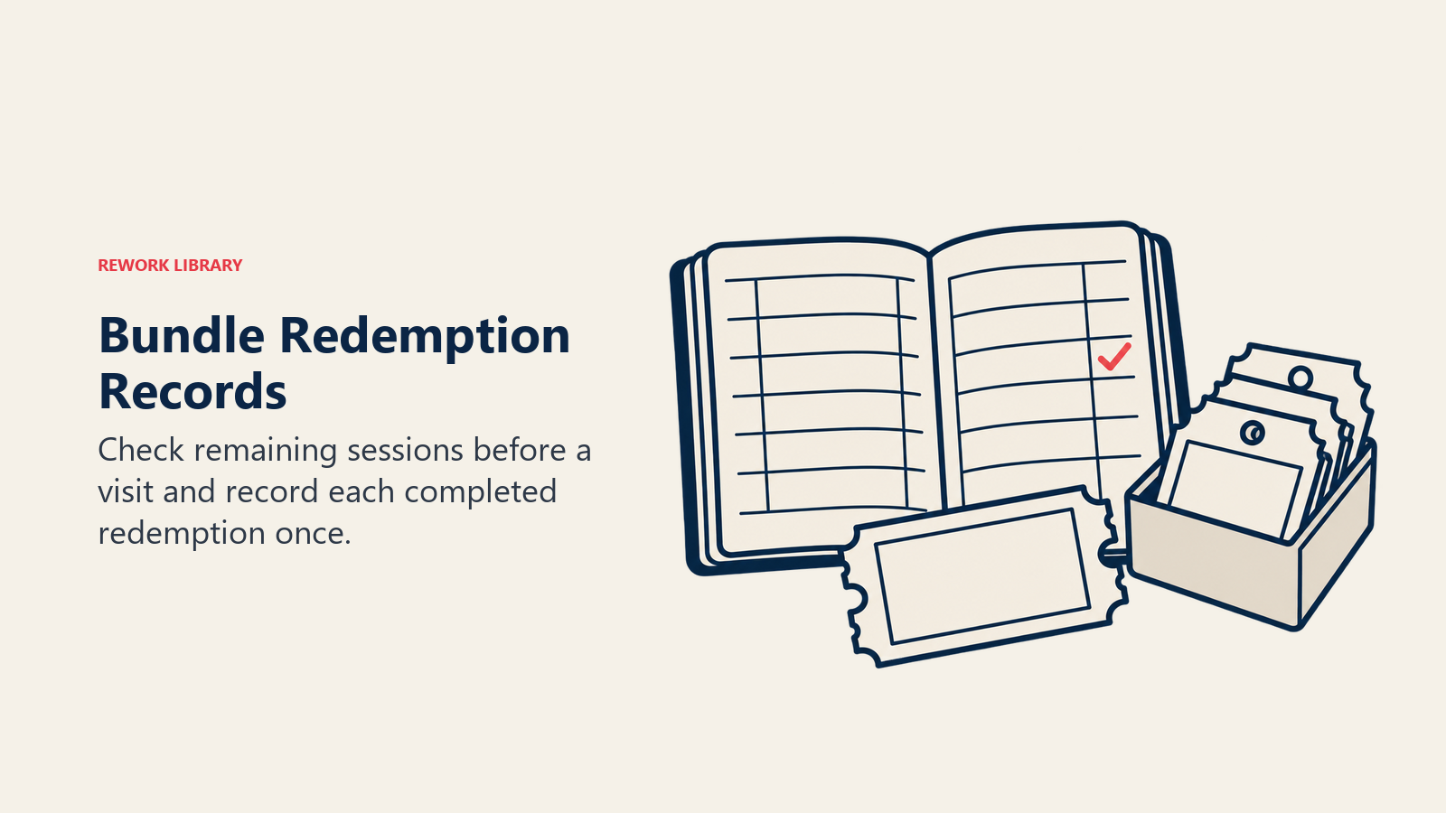 Bundle Redemption Records: A service voucher is checked against a ledger before moving into a used-ticket tray, clearly contrasting available and redeemed states without comparison claims.