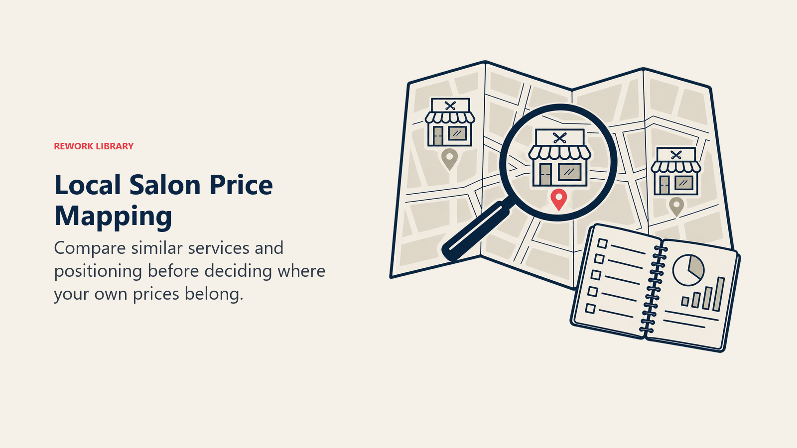 Local Salon Price Mapping: A local market map is studied through a lens beside a blank price notebook, emphasizing observation of public offers.
