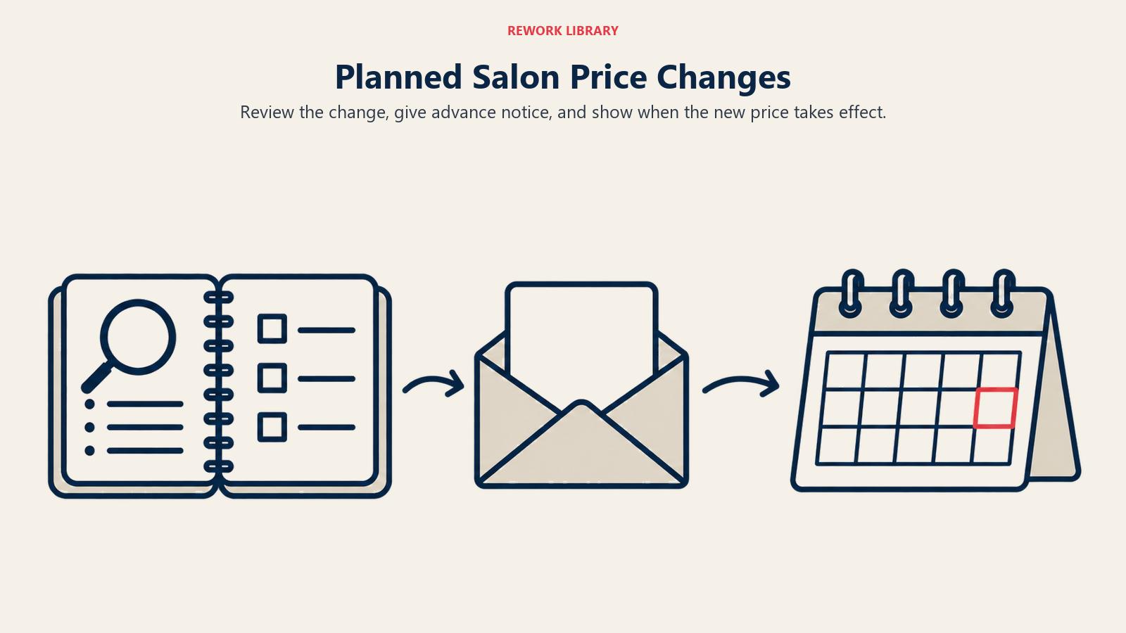 Planned Salon Price Changes: An internal review notebook precedes an announcement envelope and an effective-date calendar, without depicting a predetermined percentage increase.