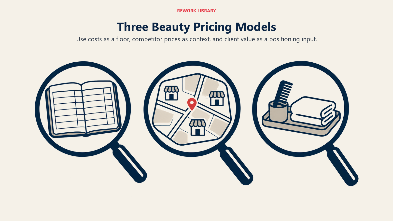 Three Beauty Pricing Models: Three equal lenses examine a cost ledger, a local storefront map and a salon service experience tray, giving equal visual weight to the inputs.