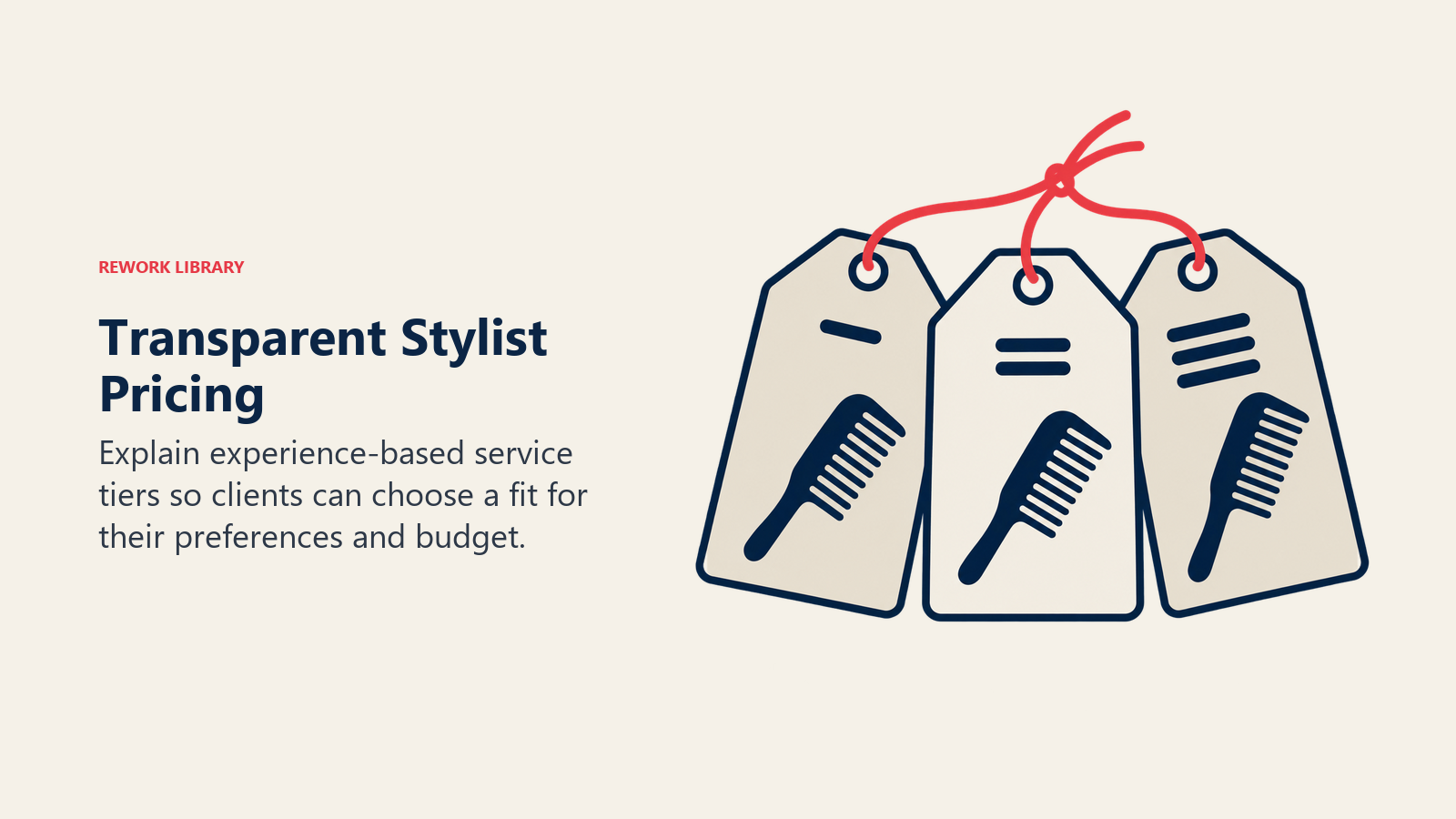 Transparent Stylist Pricing: Three service tags of equal size have increasing experience stripes, with none artificially emphasized as the compulsory option.