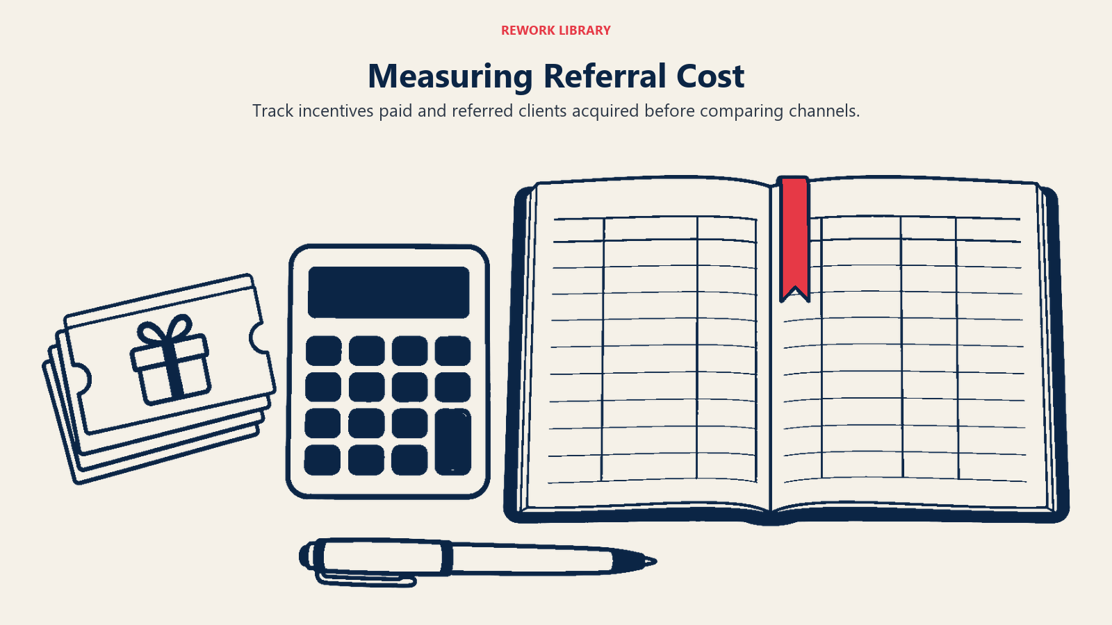 Reward vouchers, a calculator and a ledger illustrate measuring referral acquisition cost