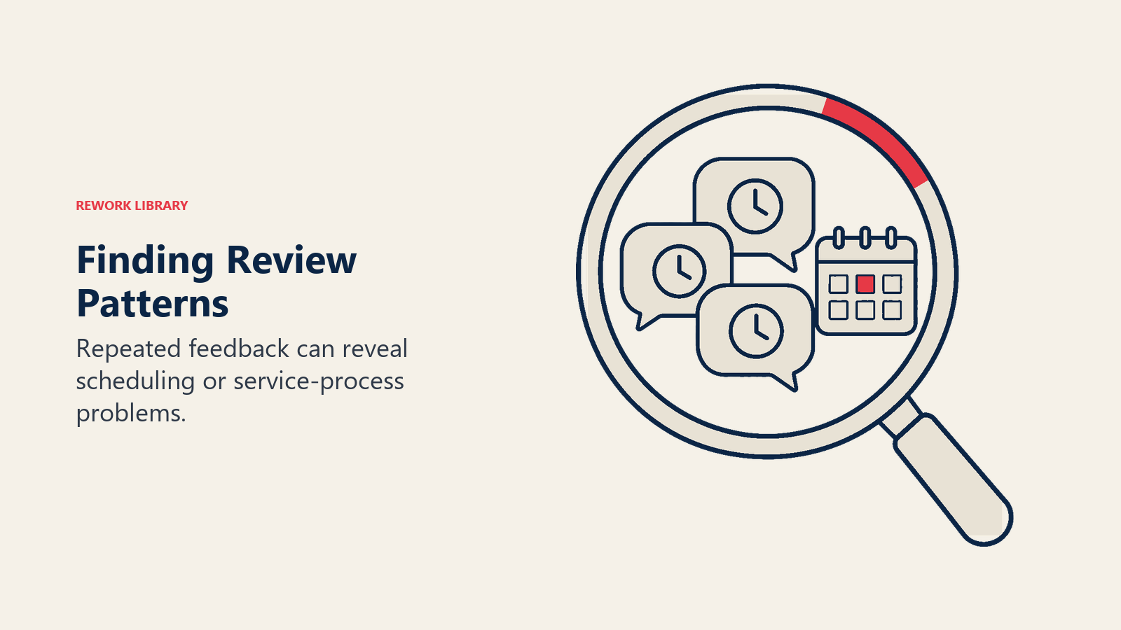 A magnifying glass over repeated clock-themed feedback illustrates identifying scheduling problems