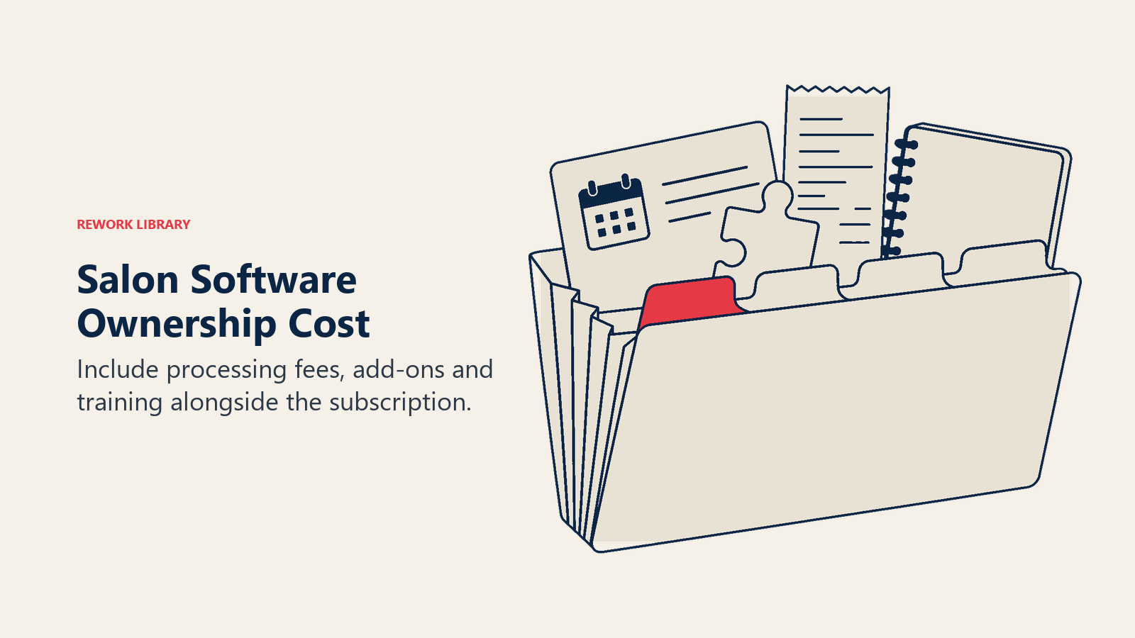 An accordion folder groups subscription, processing, add-on and training costs for salon software