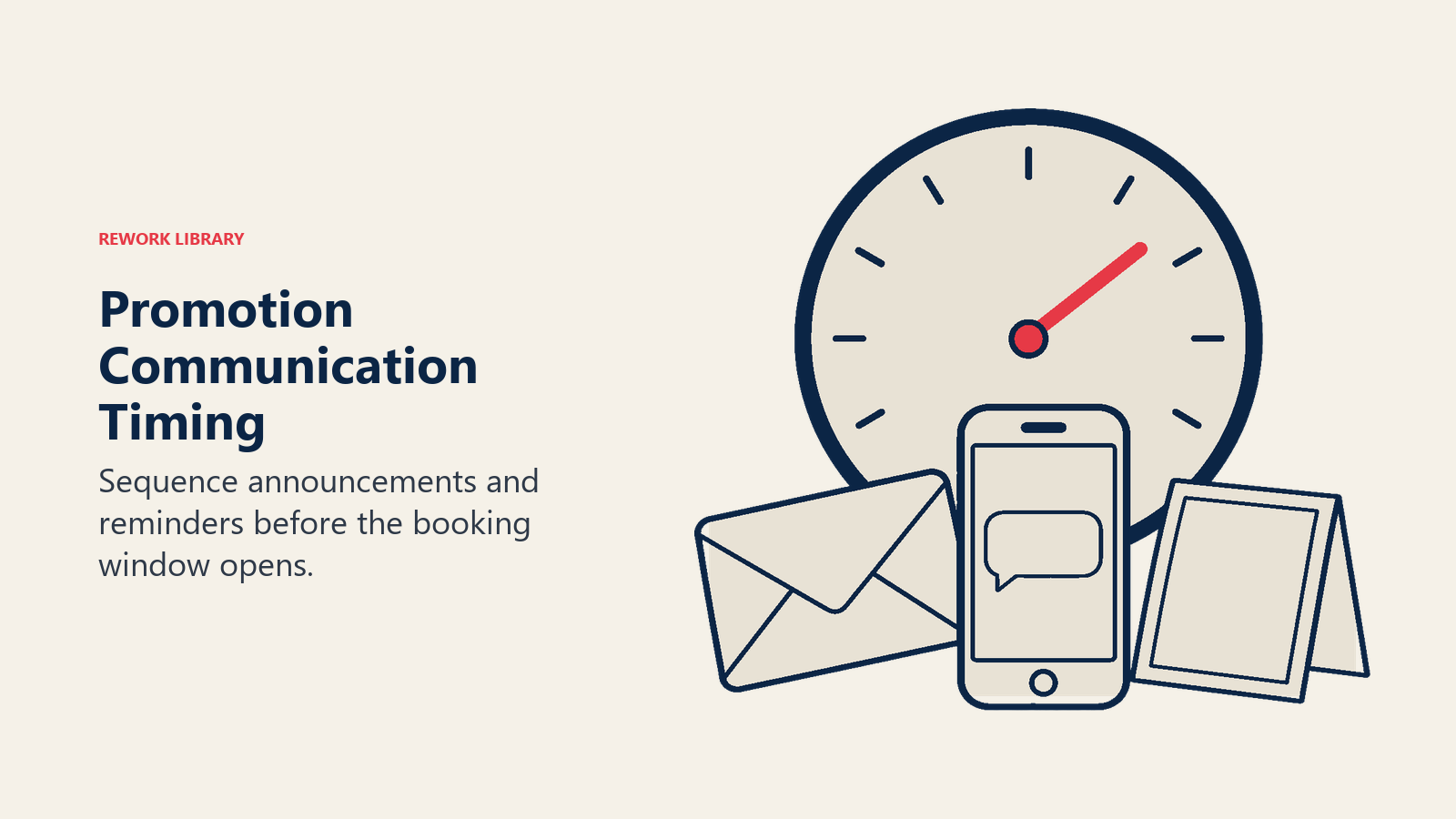 A clock with email, phone and notice artifacts illustrates coordinated promotion timing