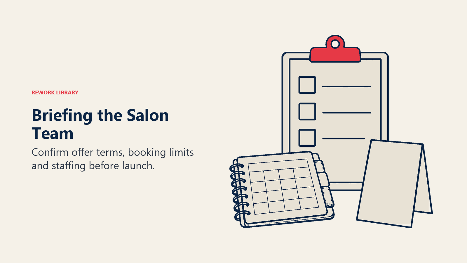 An offer card, appointment book and checklist illustrate briefing salon staff before a promotion