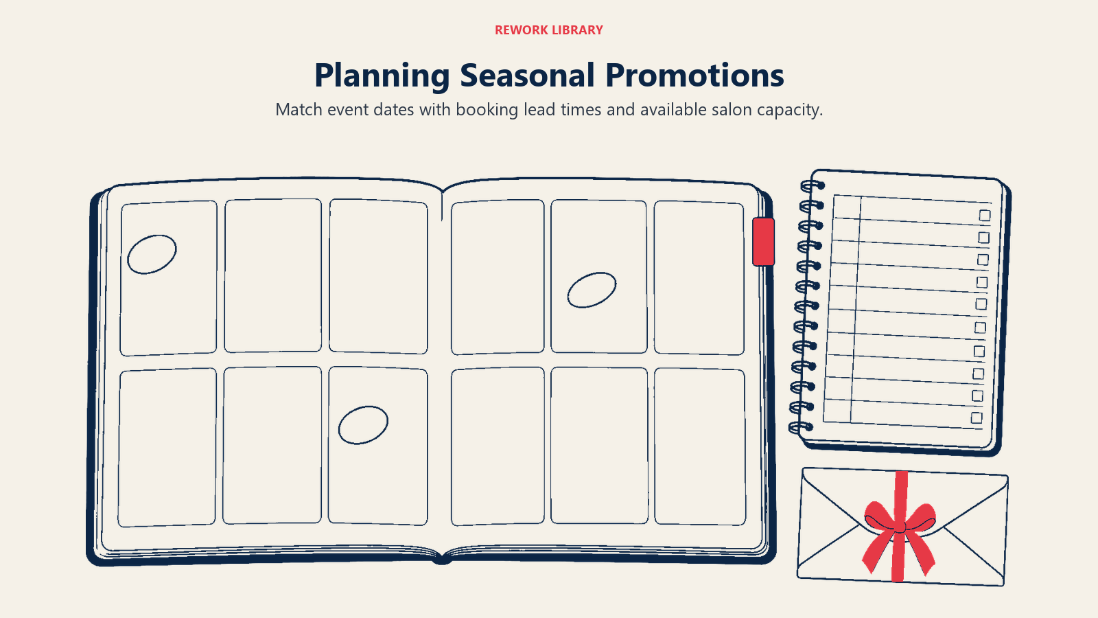A twelve-panel annual planner, appointment book and gift envelope illustrate seasonal promotion planning