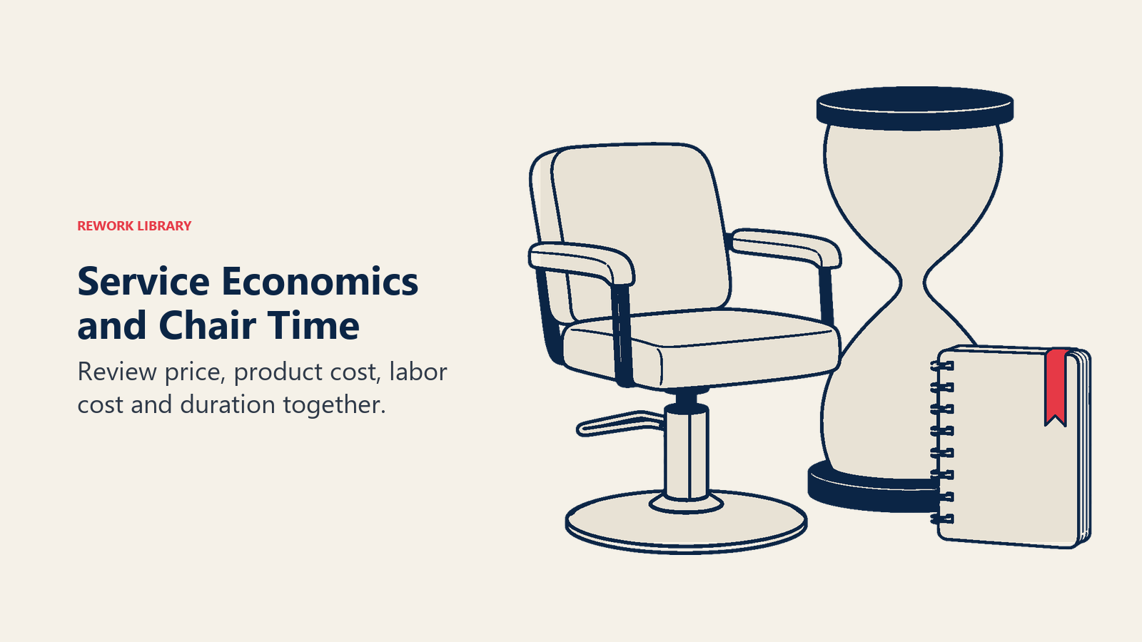 A complete salon chair, hourglass and ledger illustrate service duration and direct-cost review