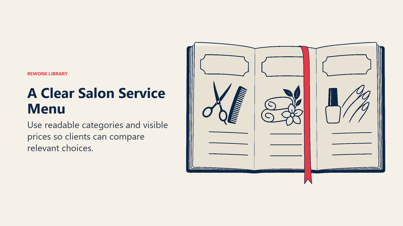 A clearly grouped salon menu booklet illustrates readable service categories and informed comparison