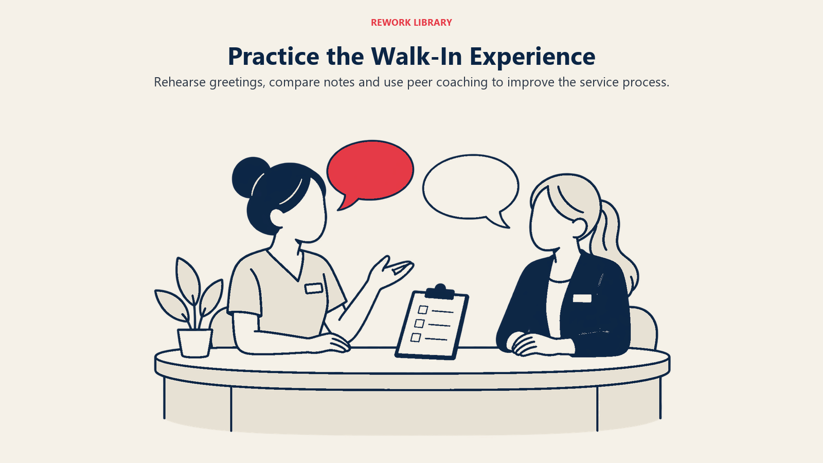 Practice the Walk-In Experience: Rehearse greetings, compare notes and use peer coaching to improve the service process.