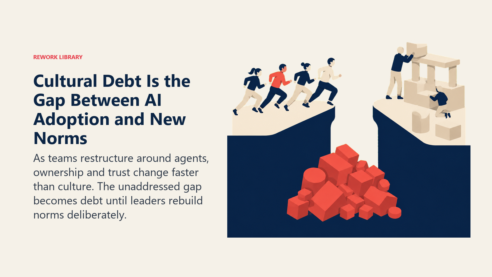 AI cultural debt shown as a widening gap between fast human-agent adoption and slower rebuilding of ownership and trust norms