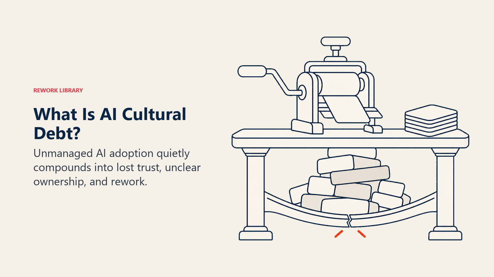 AI cultural debt shown as polished AI output hiding a growing weight that bends a team trust bridge