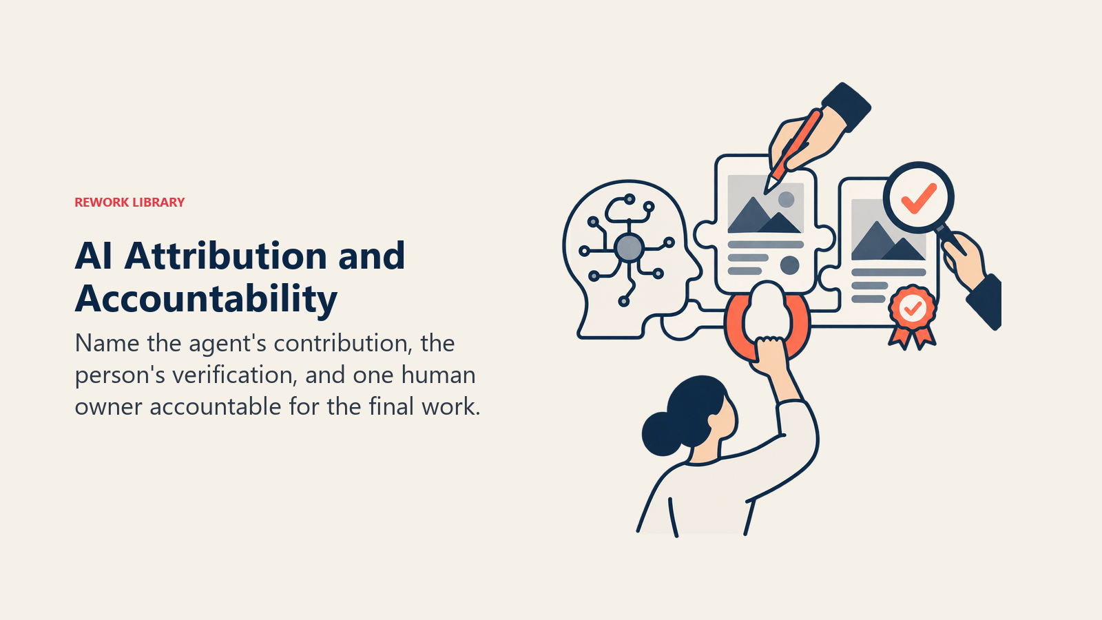 AI attribution model joining an agent draft and human verification under one accountability clasp