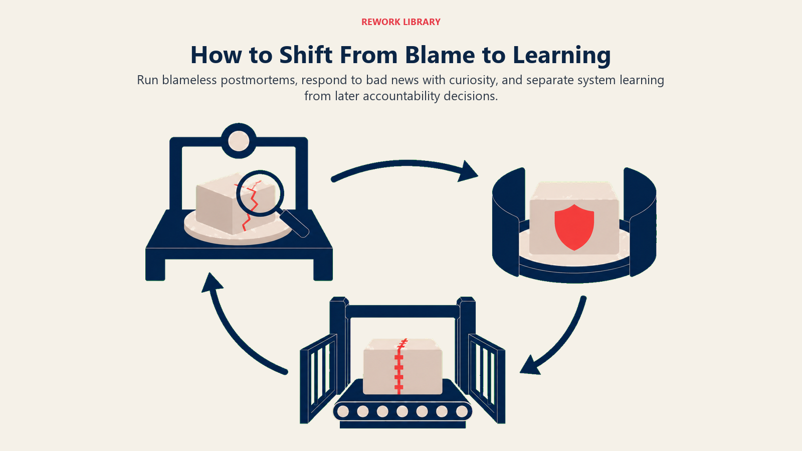 Three-step shift from blame to learning through blameless review, calm leadership, and separated accountability
