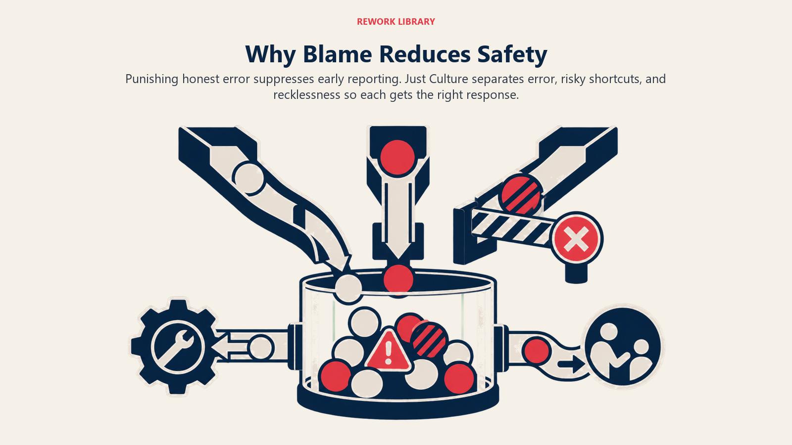 Just Culture model separating human error, at-risk behavior, and recklessness while keeping reporting open