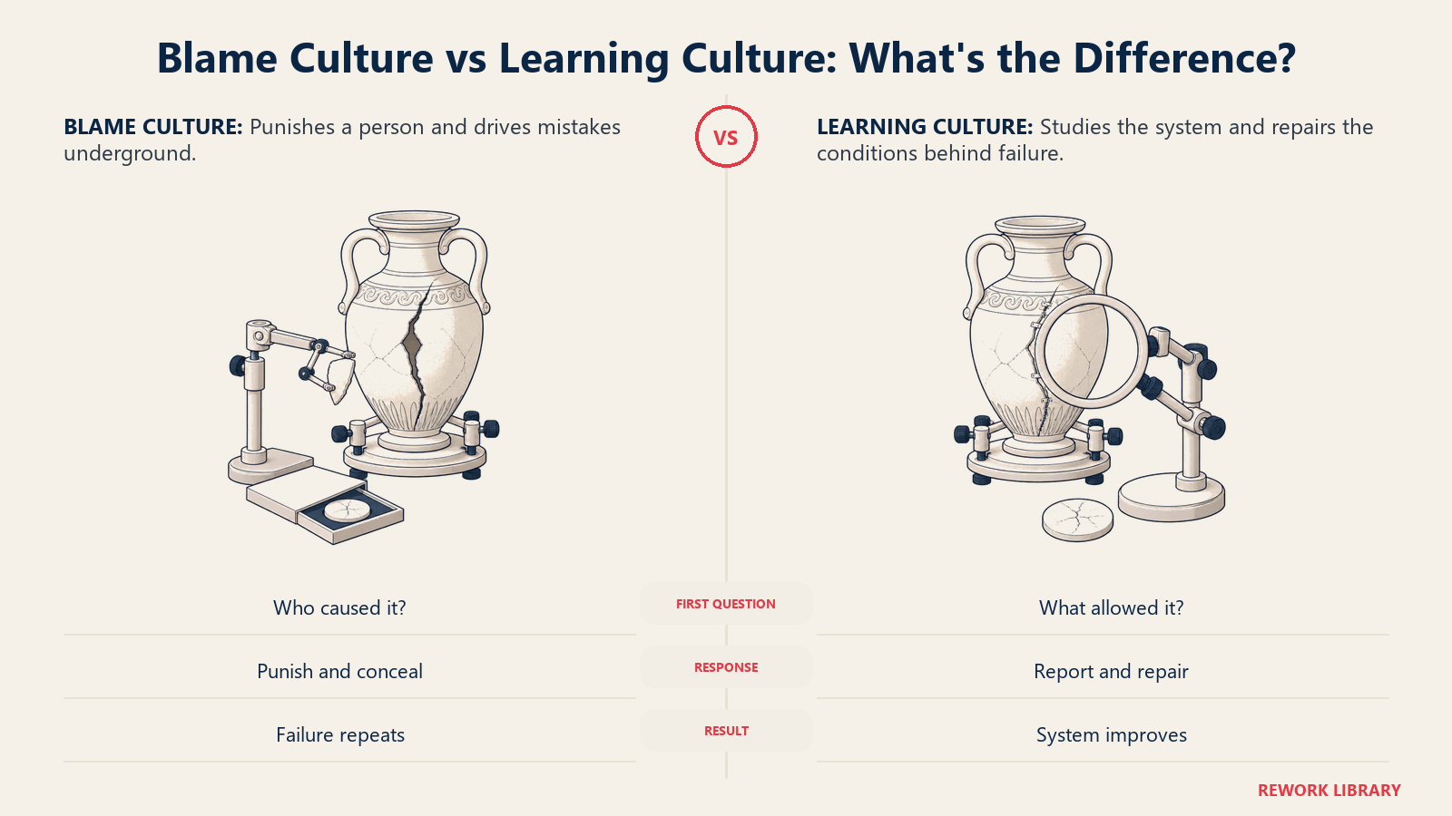 A cracked vessel pinned under accusation versus the same vessel examined and reinforced through learning