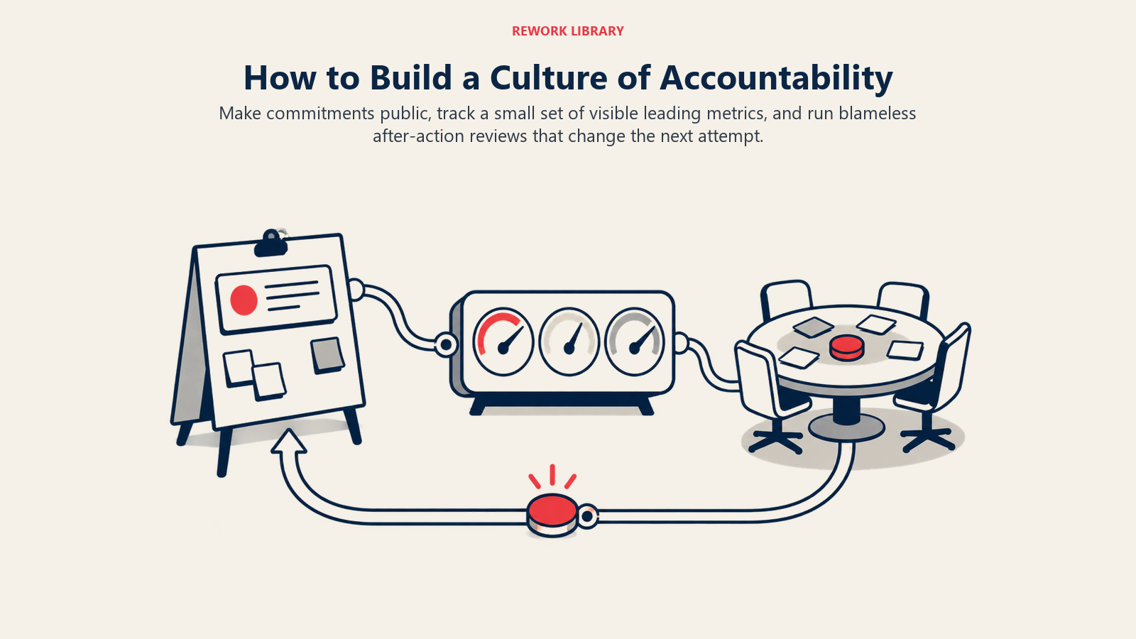 Building accountability through public commitments, visible metrics, and blameless after-action reviews