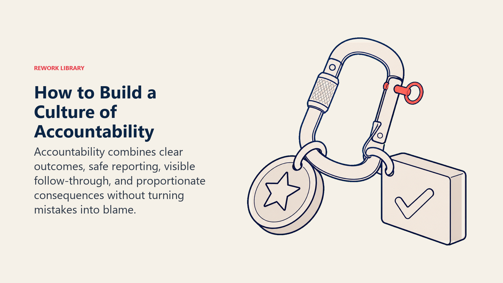 Locked carabiner connecting a commitment token to a completed outcome block with a visible review clasp