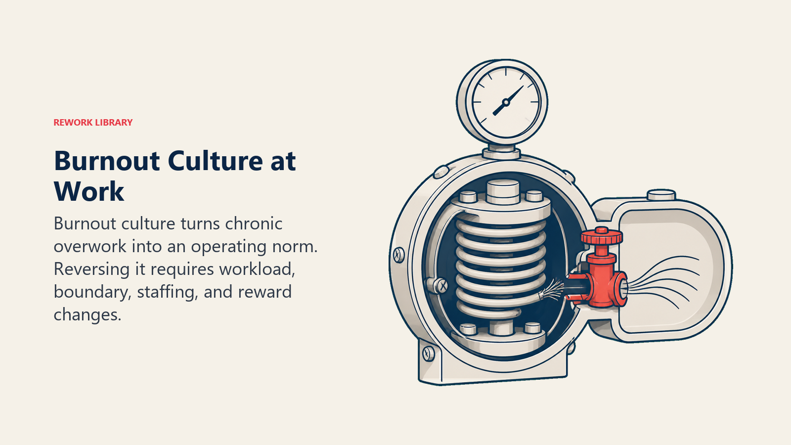 Overwound workplace clock spring fraying under pressure beside a coral release valve