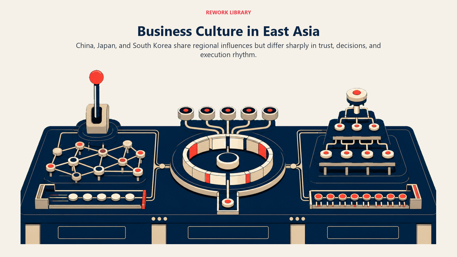 Three connected decision engines representing business culture patterns in China, Japan, and South Korea