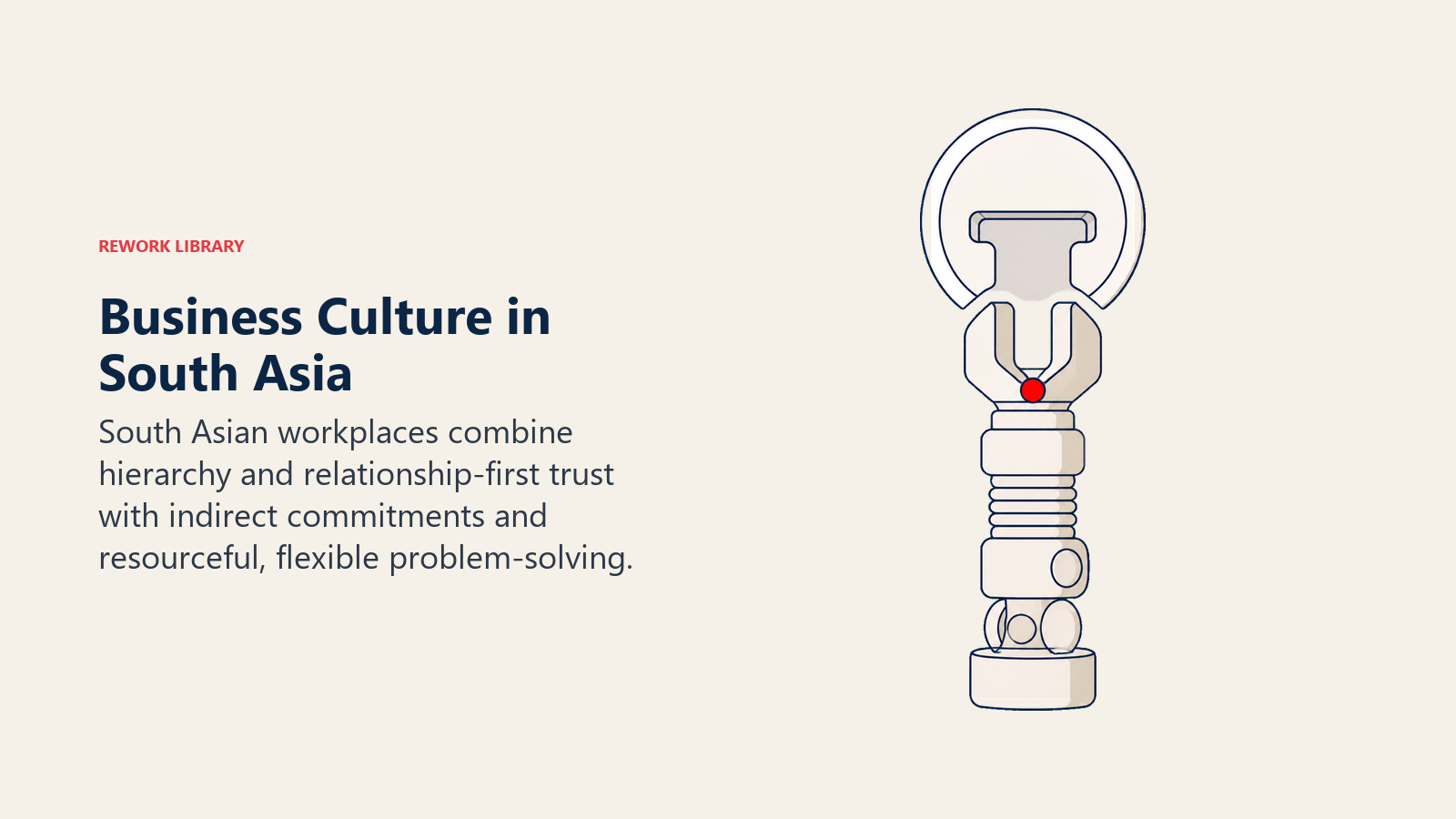 Resourceful modular multi-tool fitting into a formal approval socket, representing South Asian business culture