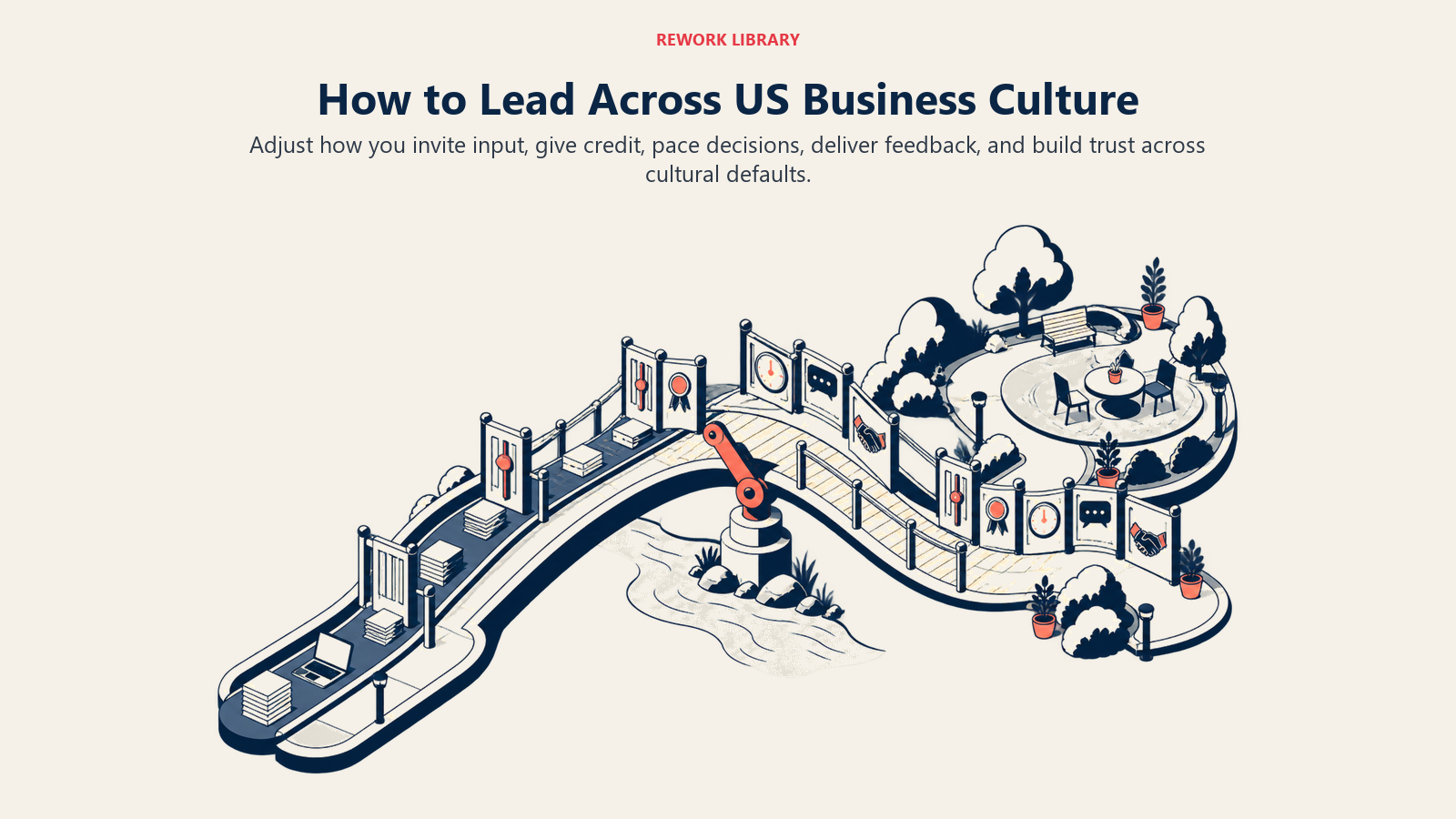 Leading across US business culture shown as an adjustable bridge between fast task norms and global relationship norms