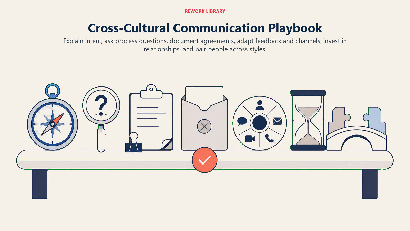 Cross-cultural communication playbook shown as intent, process, recap, feedback, channel, relationship, and pairing tools