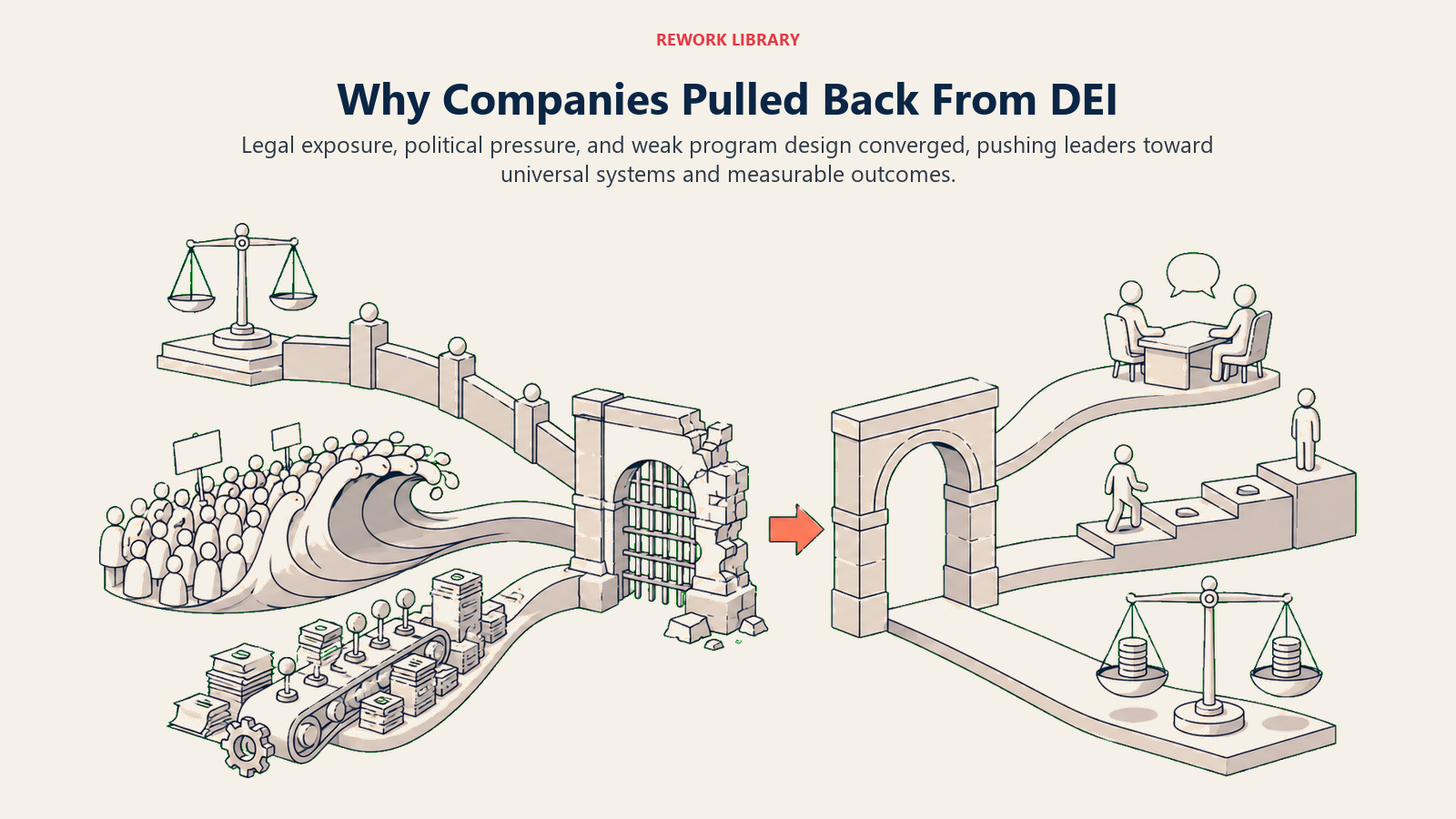 Corporate DEI pullback shown as legal, political, and program-design pressures converging into universal inclusion systems