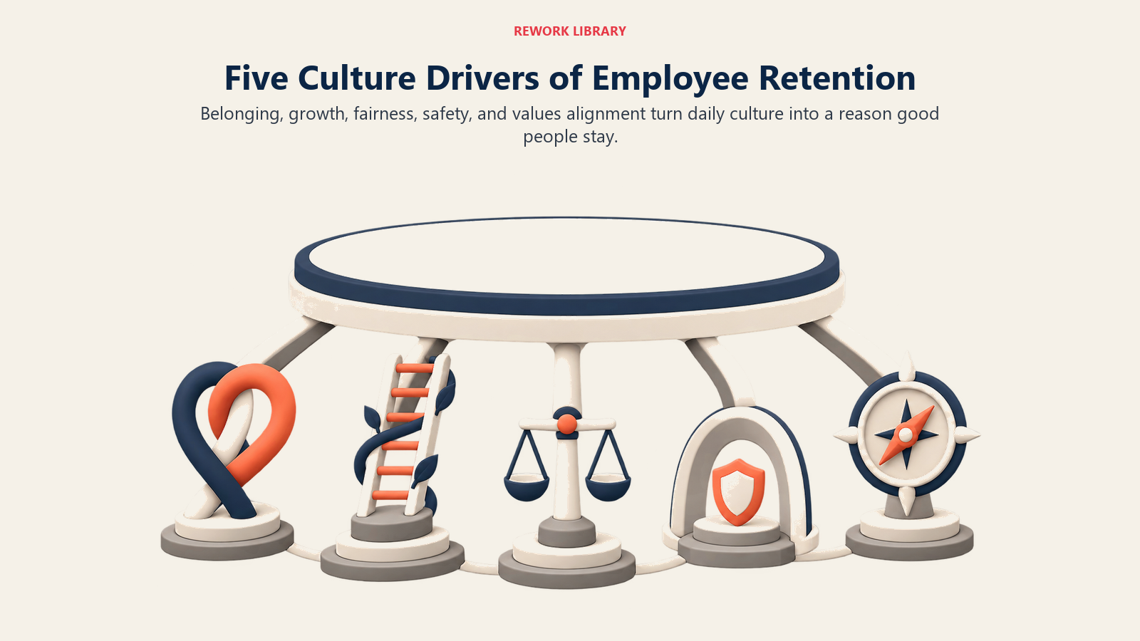 Five culture drivers holding employee retention through belonging, growth, fairness, safety, and values