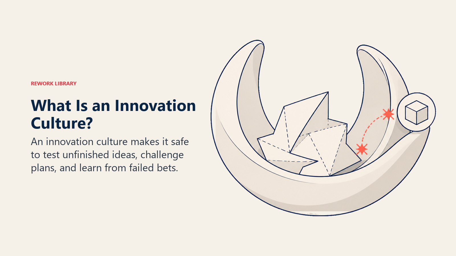 Innovation culture shown as an open incubation vessel protecting an unfinished idea while a coral spark moves into real work