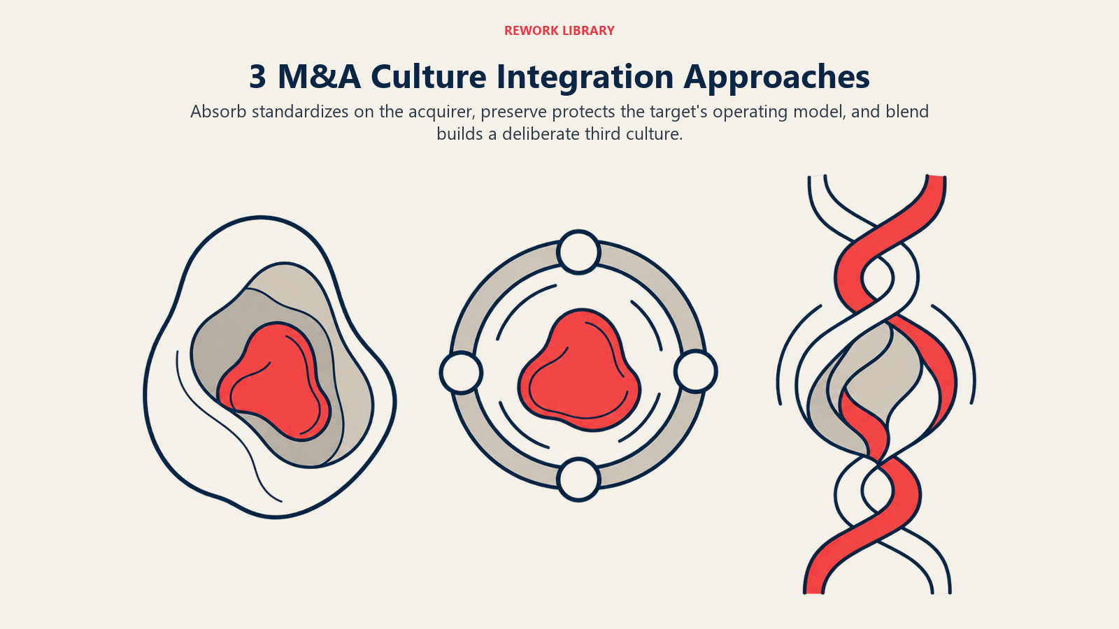 Three M&A culture integration approaches shown as absorb, preserve, and blend mechanisms