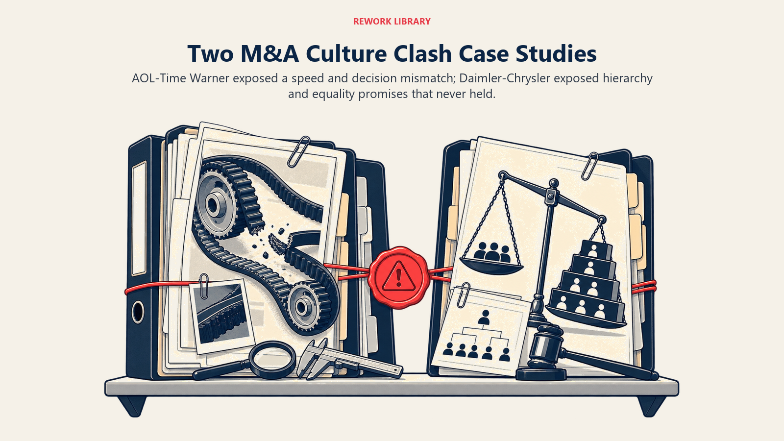 Two M&A culture clash case studies represented by a speed mismatch and an unequal hierarchy merger