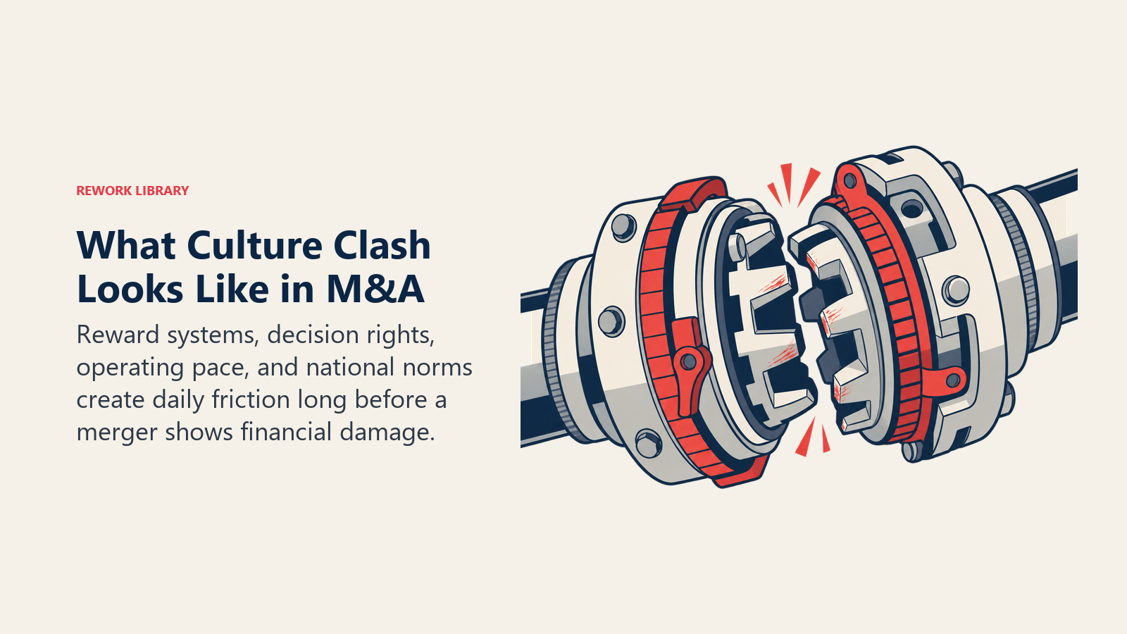 M&A culture clash shown as two operating systems grinding at mismatched reward, decision, and pace settings